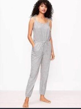 Loft Sleep Striped Tie-Waist Jumpsuit - Gray/White